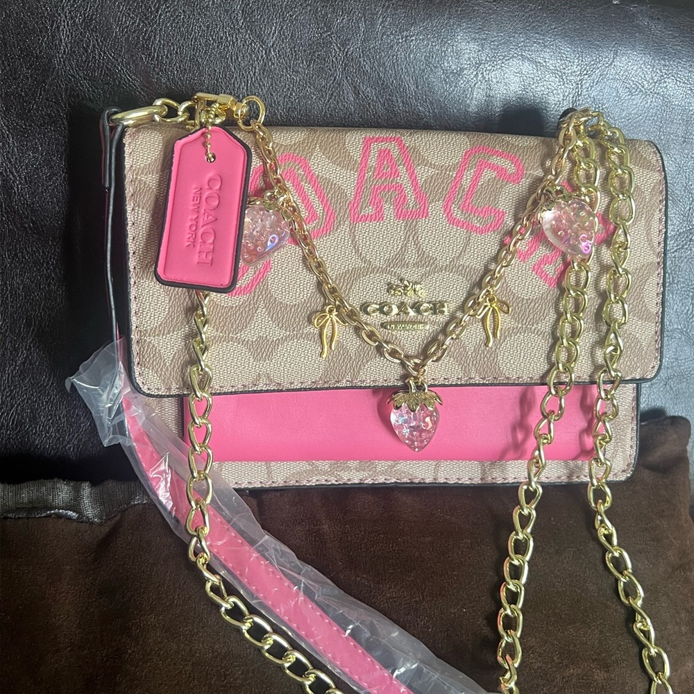Coach Pink and Tan Crossbody Bag with Gold Chain